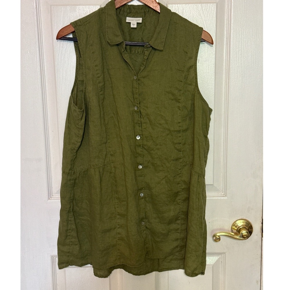 J. Jill Sleeveless Tunic Women Large Olive Green 100% Linen Peplum Top